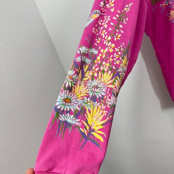 Vintage Alaska Wildflower Hummingbirds Painted Screenprinted Pink Sweatshirt‎ - Picture 5 of 8